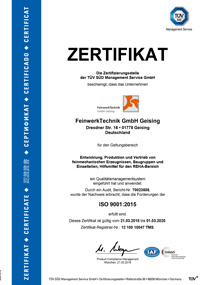 FeinwerkTechnik Geising - Zertifikat DIN EN ISO 9001-2015 Getriebe Drehen Präzisionsteile Baugruppen